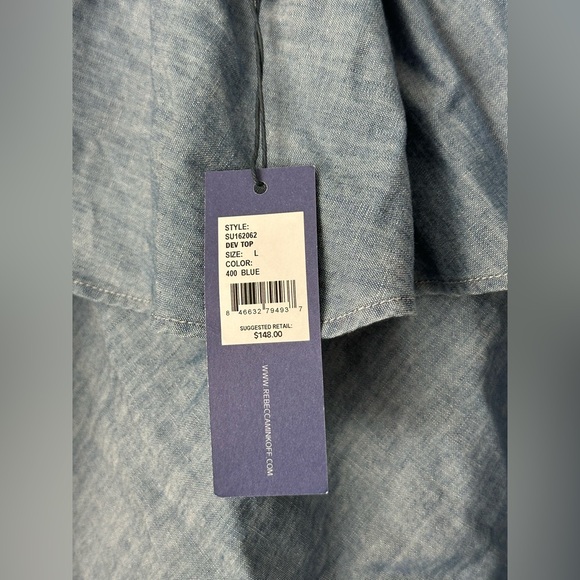Rebecca Minkoff Blue Off-Shoulder Chambray Top Size L NWT Cottagecore Beach - Picture 8 of 12